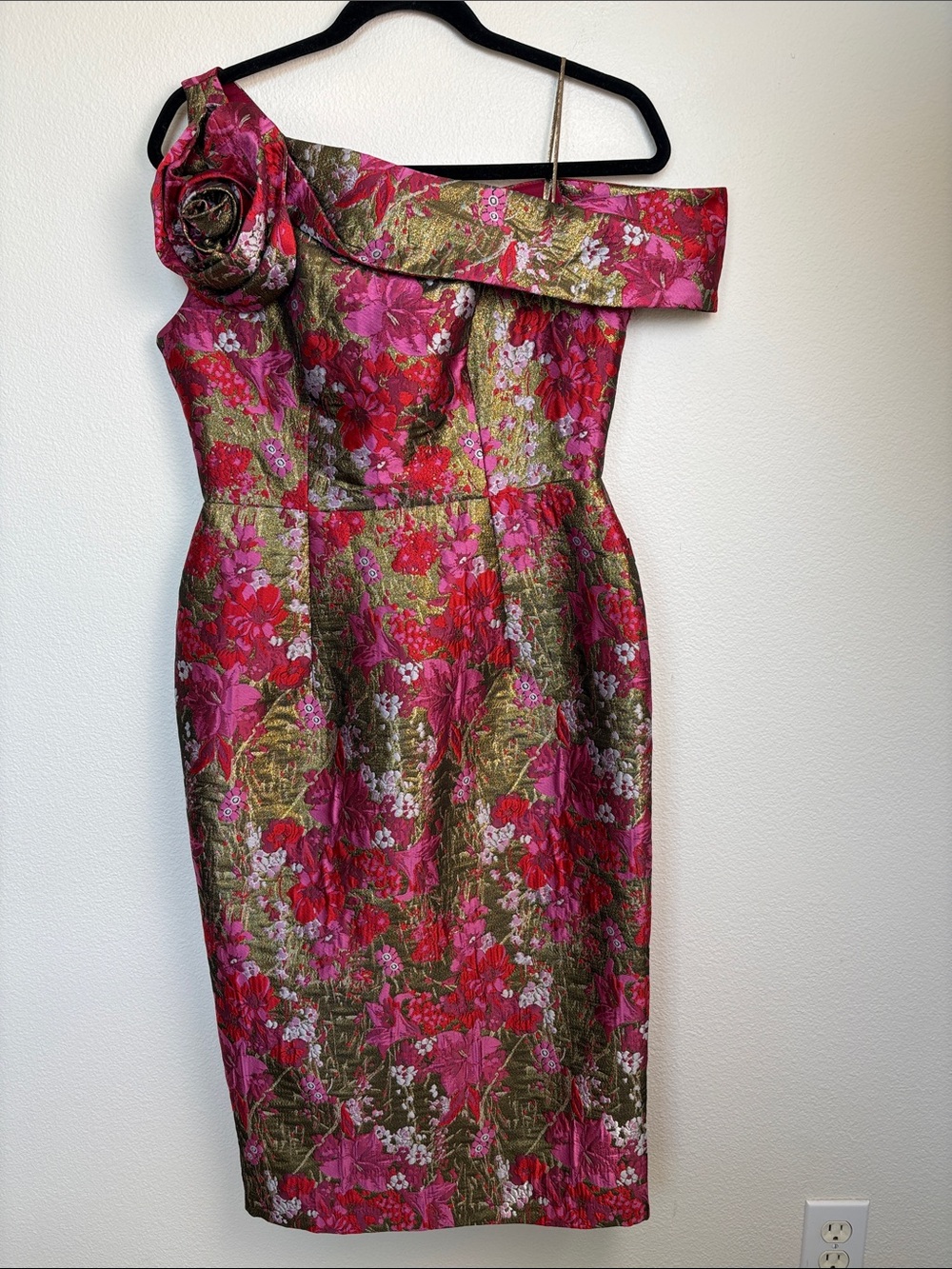 NEM NWT Metallic Floral Jacquard One Shoulder Midi Dress Rosette Sz 6